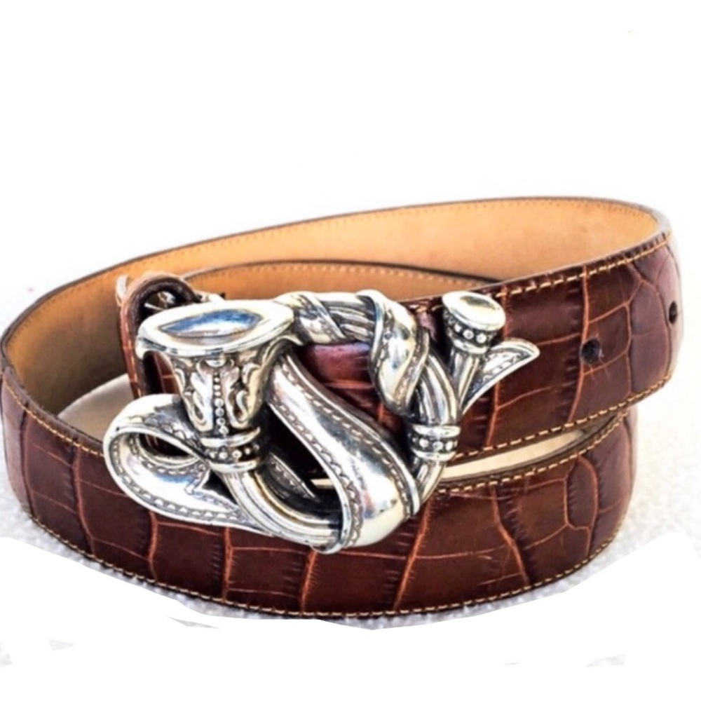 Brighton Collection 1998 Vintage Brown Croc Leather & Silver Horn Belt